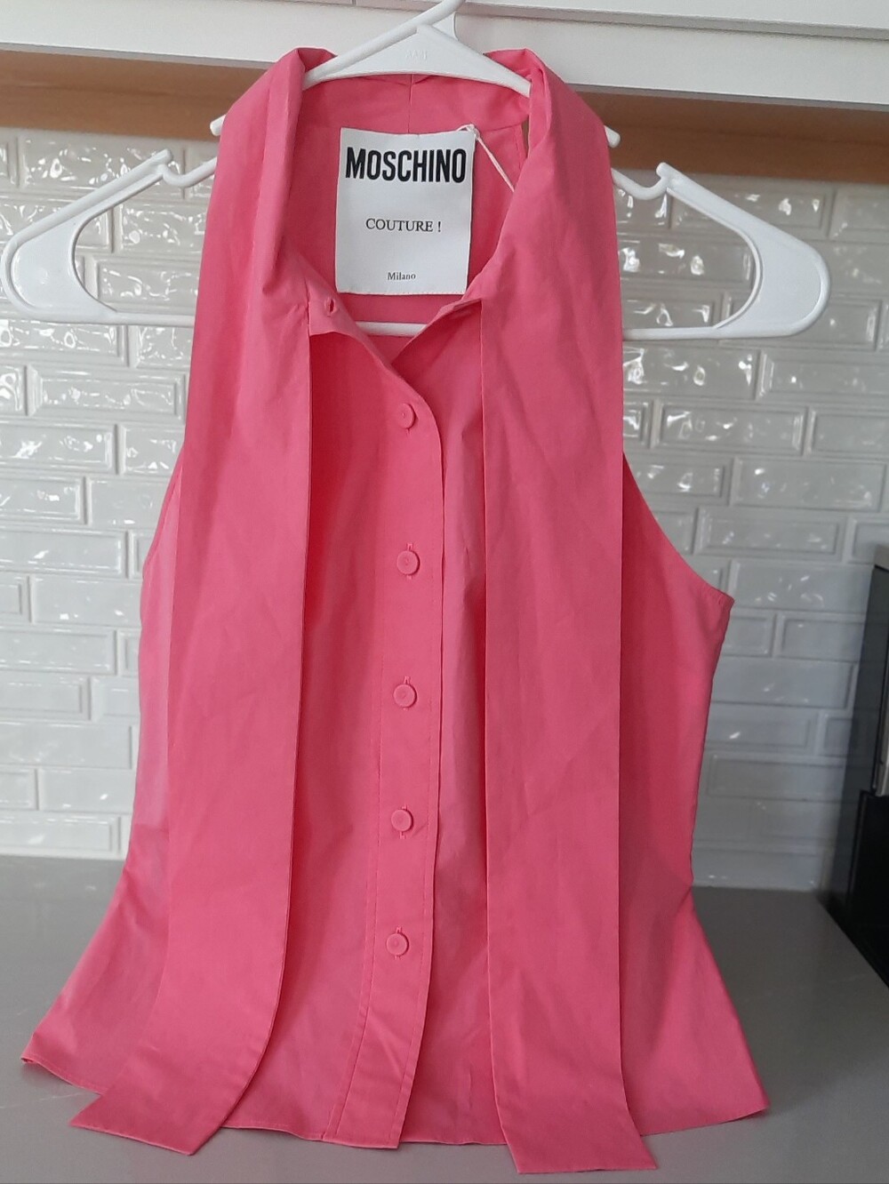 💗 Moschino Couture! Pink Sleeveless Scarf-Tie Blouse — NWT Size 4